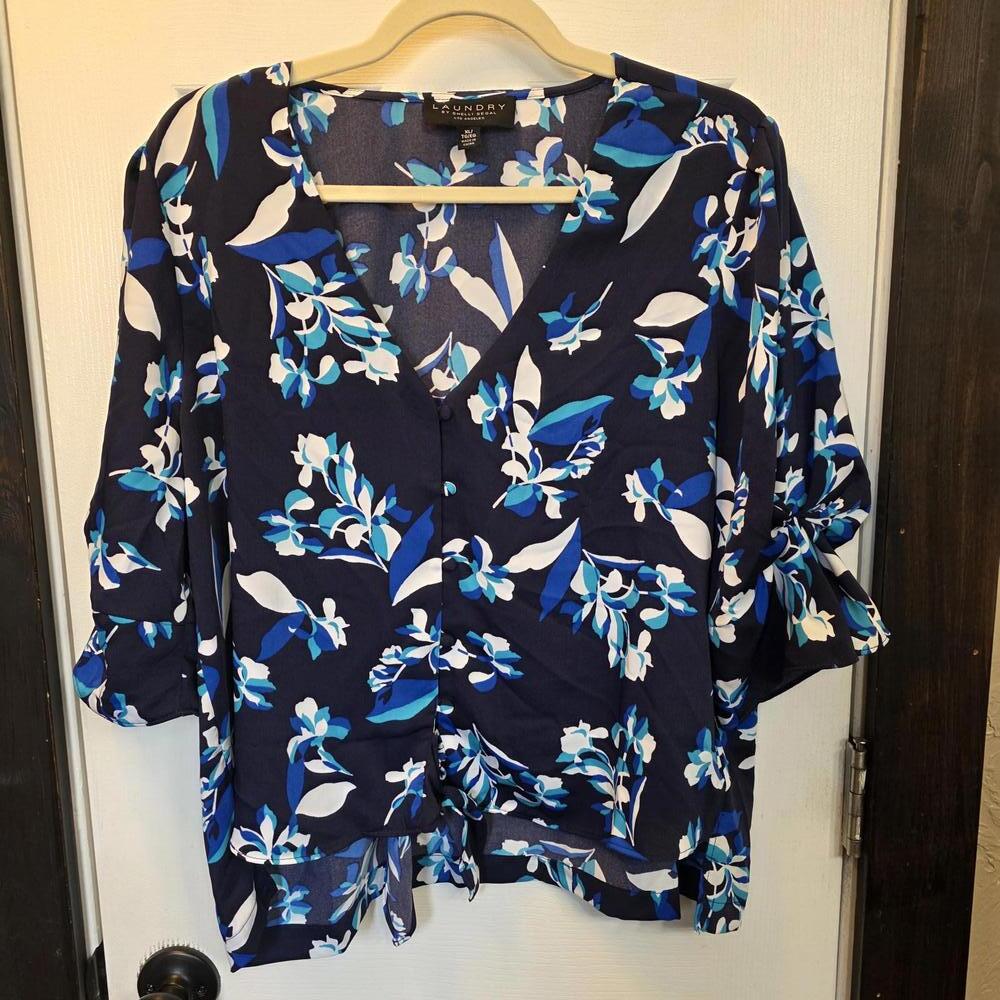 Laundry by Shelli Segal Women's Navy Blue Satin Floral Print Blouse -XL